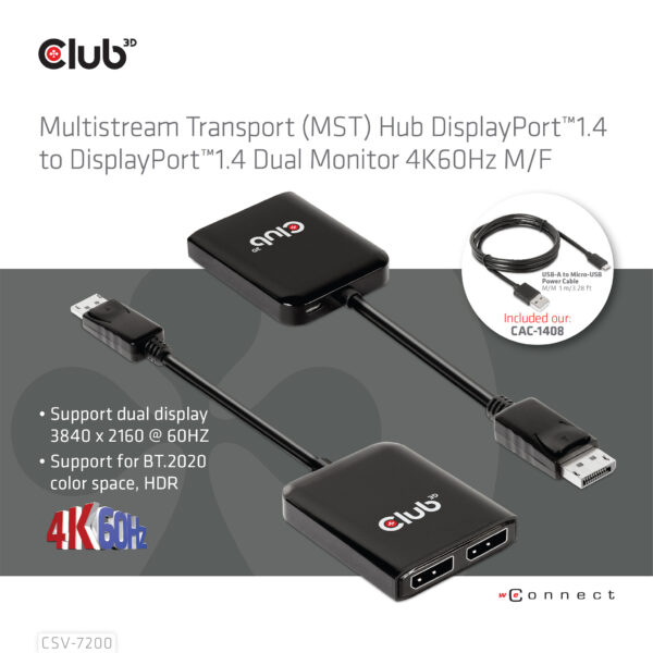 CLUB3D Multistream Transport (MST) Hub DisplayPort™1.4 naar DisplayPort™1.4 Dual Monitor 4K60Hz M/V - Afbeelding 9