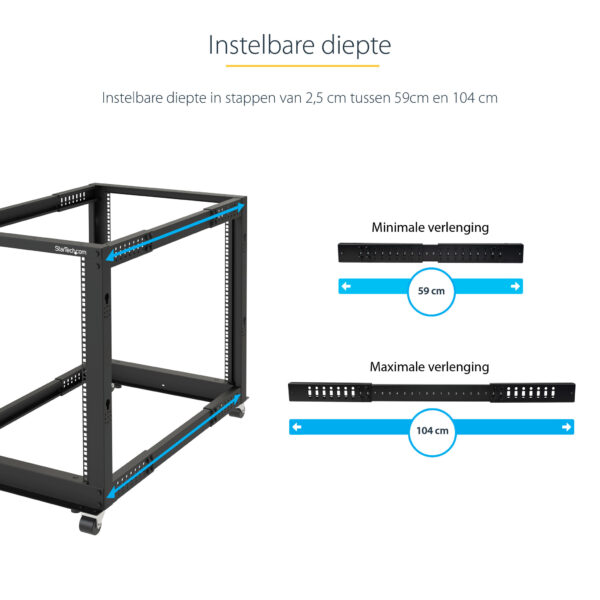 StarTech.com 4-Post 12U Mobiel Open Frame Server Rack, 19" Patchkast met Wielen en 4 Stijlen, Open Serverkast met Verstelbare Di - Afbeelding 9