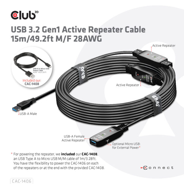 CLUB3D USB 3.2 Gen1 Active Repeater Cable 15m/ 49.2 ft M/F 28AWG - Afbeelding 5