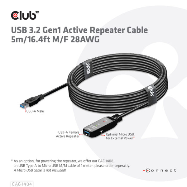 CLUB3D USB 3.2 Gen1 Active Repeater Cable 5m/ 16.4 ft M/F 28AWG - Afbeelding 5