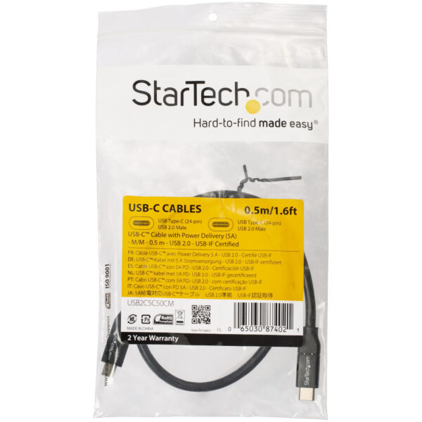 StarTech.com USB-C naar USB-C kabel met 5A/100W Power Delivery - M/M - 50 cm - USB 2.0 - USB-IF certificatie - Afbeelding 4