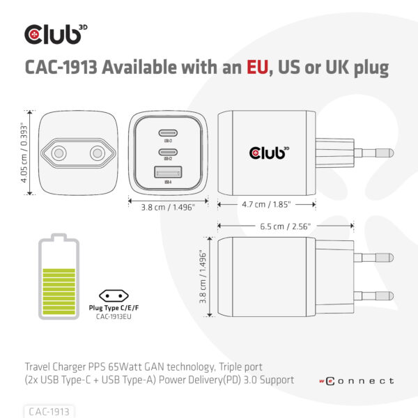 CLUB3D CAC-1913EU Travel Charger 65W GaN - Afbeelding 4