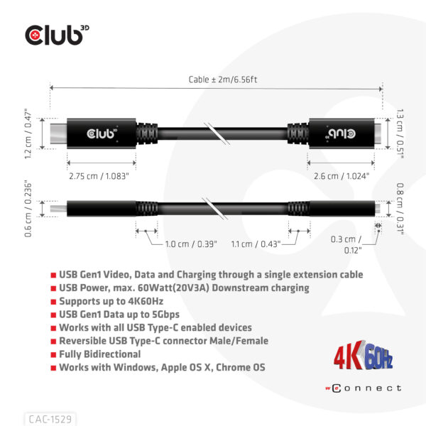 CLUB3D USB Gen1 Type-C Extensie kabel 5Gbps 60W(20V/3A) 4K60Hz M/F 2m/6.56ft - Afbeelding 4