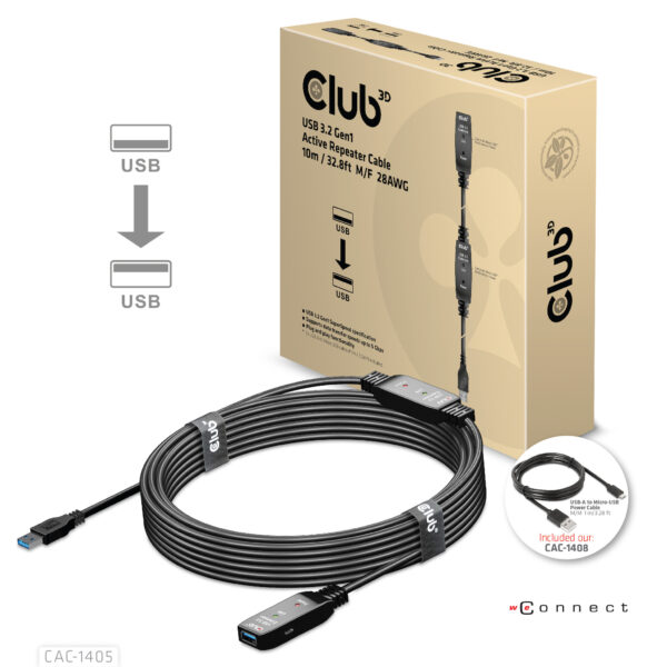 CLUB3D USB 3.2 Gen1 Active Repeater Cable 10m / 32.8ft M/F 28AWG - Afbeelding 2