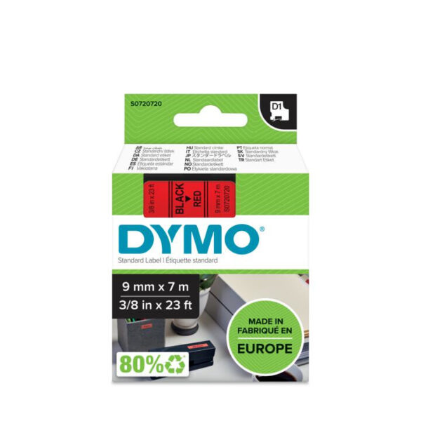 DYMO D1 -Standard Labels - Black on Red - 9mm x 7m - Afbeelding 2