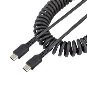 StarTech.com 50cm USB C Laadkabel, Zwart, Robuuste Fast Charge & Sync USB-C Spiraalkabel, USB 2.0 Type-C Snellaadkabel, Duurzame