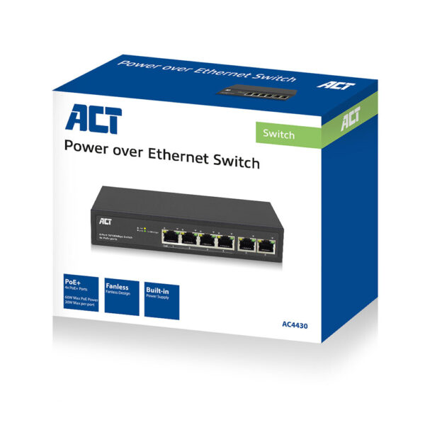 ACT 6-Poorts 10/100Mbps Switch | 4x PoE+ poorten - Afbeelding 2