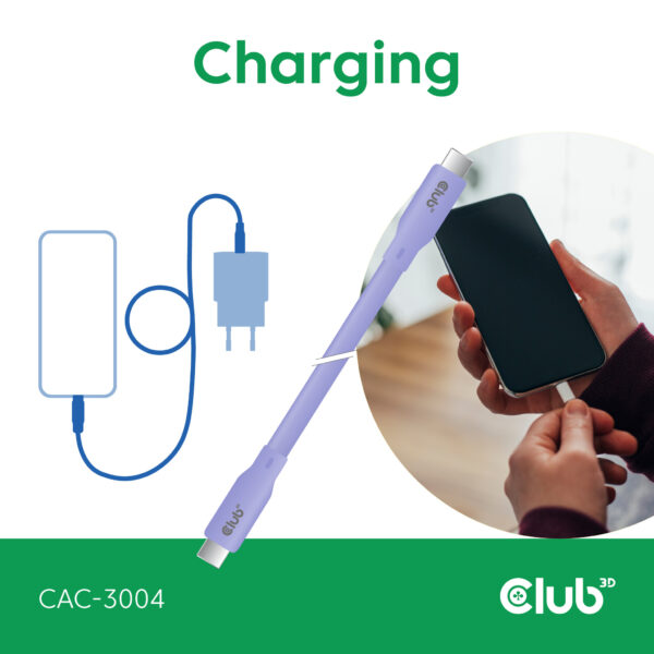 CLUB3D USB C oplaadkabel paars siliconen & tangle-free - Afbeelding 4