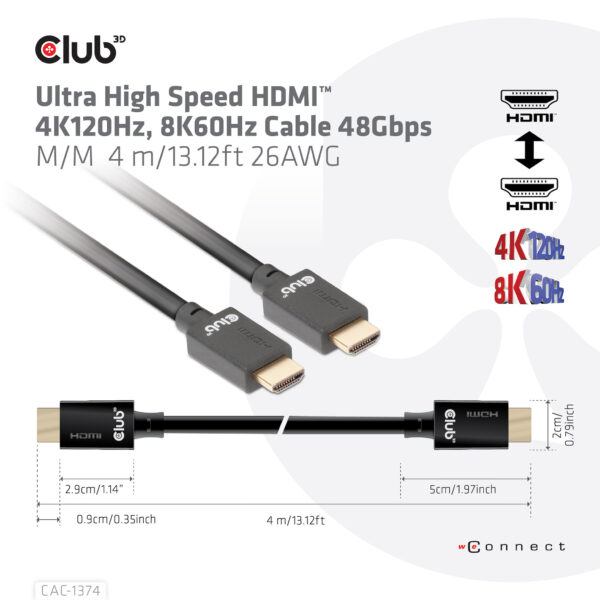 CLUB3D Ultra High Speed ​​HDMI™2.1 gecertificeerde kabel 4K120Hz, 144Hz 48Gbps M/V 4 Meter - Afbeelding 3