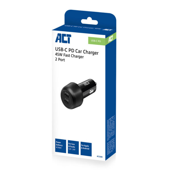 ACT 2-poorts USB-C Fast Charge Autolader 45W met Power Delivery - Afbeelding 3