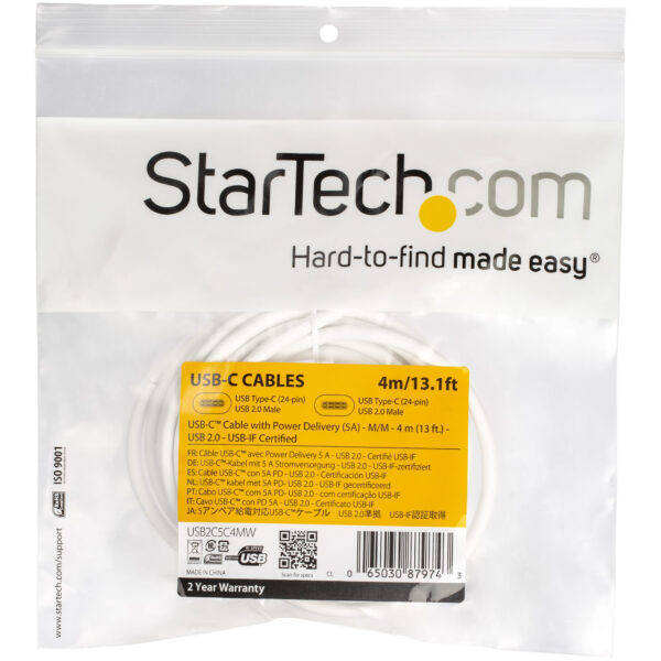 StarTech.com USB-C naar USB-C kabel met 5A/100W PD - M/M - wit - USB 2.0 - USB-IF gecertificeerd - 4 m - Afbeelding 4