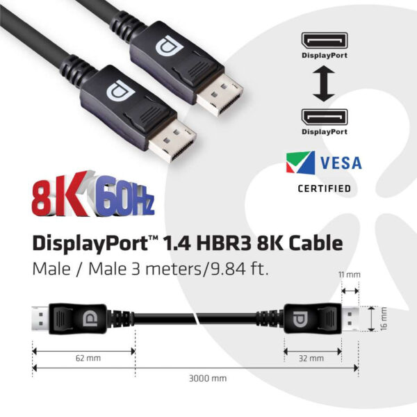 CLUB3D DisplayPort 1.4 HBR3 8K Kabel Male/Male 3 meter - Afbeelding 3