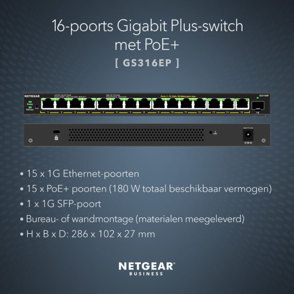 NETGEAR GS316EP-100PES netwerk-switch Managed Gigabit Ethernet (10/100/1000) Power over Ethernet (PoE) Zwart - Afbeelding 7