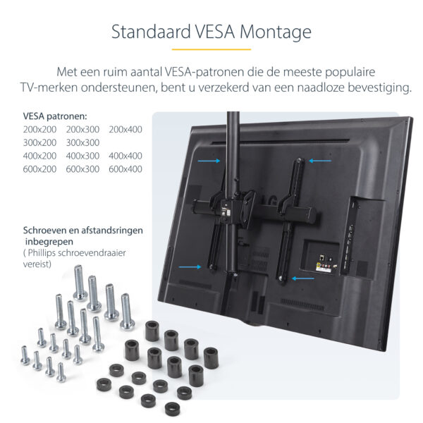 StarTech.com TV Plafondbeugel, Full-Motion Universele Ophangbeugel, VESA Beugel voor Single 32”-75" TVs / Displays, Kantelen/Zwe - Afbeelding 13