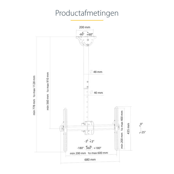 StarTech.com TV Plafondbeugel, Full-Motion Universele Ophangbeugel, VESA Beugel voor Single 32”-75" TVs / Displays, Kantelen/Zwe - Afbeelding 16