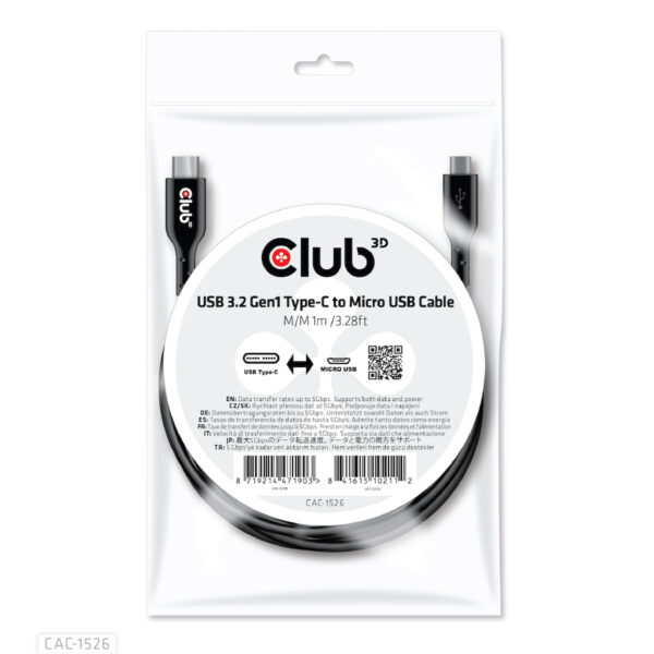 CLUB3D USB 3.2 Gen1 Type-C to Micro USB Cable M/M 1m /3.28ft - Afbeelding 6