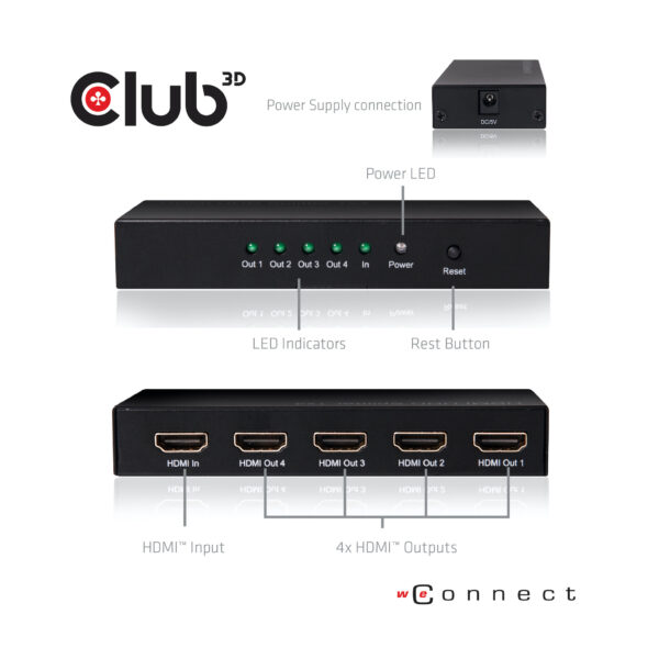 CLUB3D HDMI™ 4K@60Hz UHD Splitter AC Power 4 ports - Afbeelding 3
