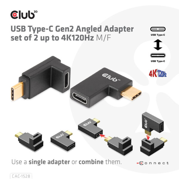 CLUB3D USB Type-C Gen2 Angled Adapter set van 2 - 4K120Hz M/V - Afbeelding 3