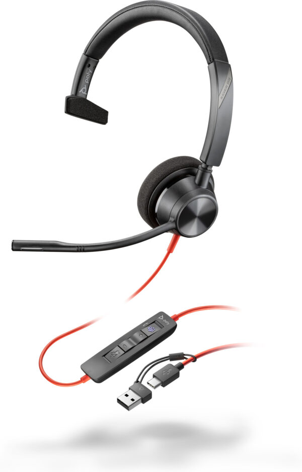POLY Blackwire 3310 Monaural Microsoft Teams Certified USB-C Headset + USB-C/A adapter