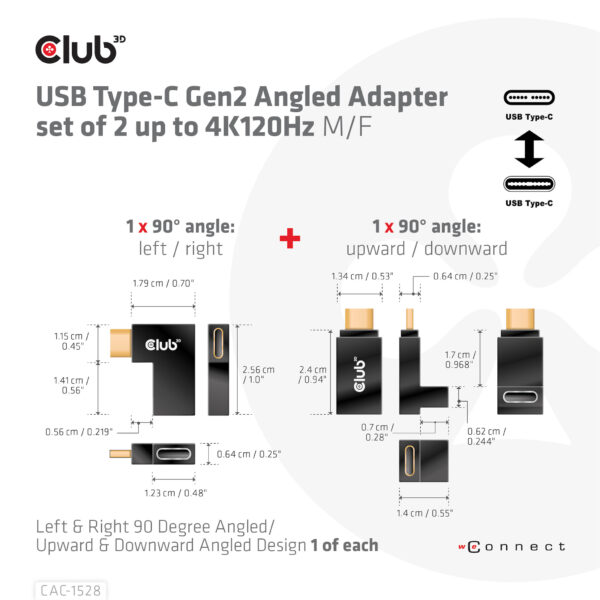 CLUB3D USB Type-C Gen2 Angled Adapter set van 2 - 4K120Hz M/V - Afbeelding 4
