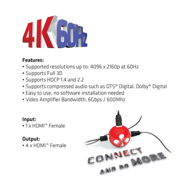 CLUB3D HDMI™ 4K@60Hz UHD Splitter AC Power 4 ports - Afbeelding 6