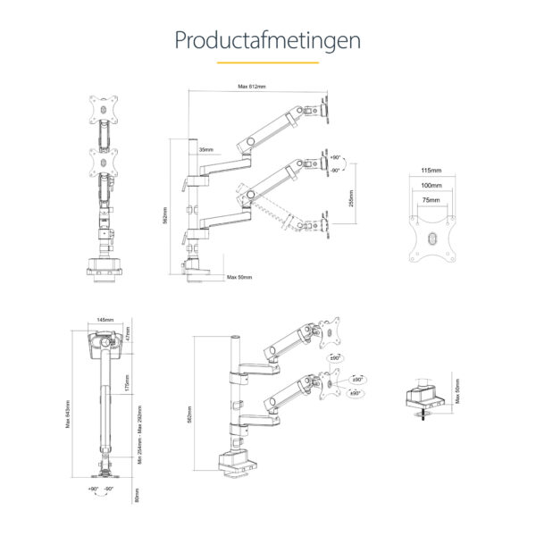 StarTech.com Dubbele Monitor Arm voor Bureaumontage, Full Motion Monitorbeugel voor 2x VESA-displays tot 32" (8kg), Verticale St - Afbeelding 19