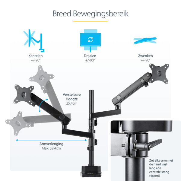 StarTech.com Dubbele Monitor Arm voor Bureaumontage, Full Motion Monitorbeugel voor 2x VESA-displays tot 32" (8kg), Verticale St - Afbeelding 15