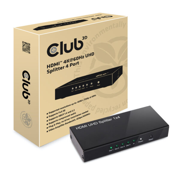 CLUB3D HDMI™ 4K@60Hz UHD Splitter AC Power 4 ports - Afbeelding 2