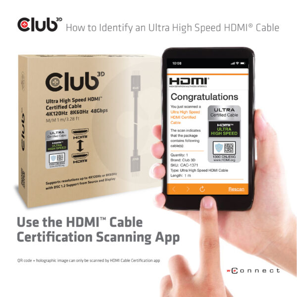 CLUB3D Ultra High Speed HDMI 4K120Hz, 144Hz Certified Cable 48Gbps M/M 1 m/3.28 ft 1Meter - Afbeelding 7