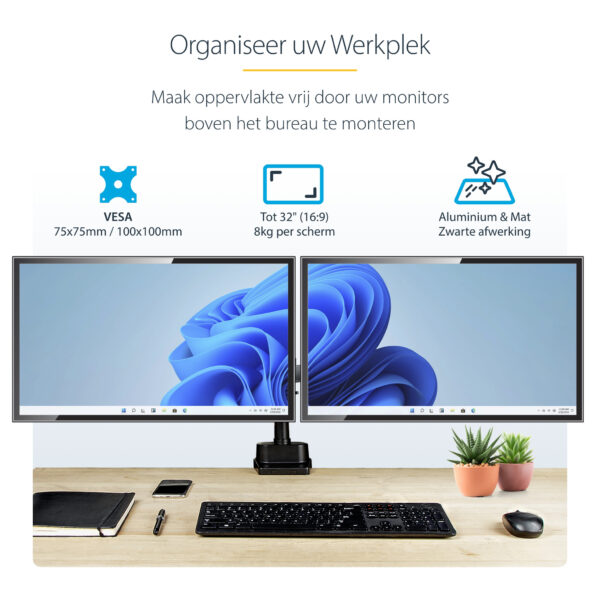 StarTech.com Dubbele Monitor Arm voor Bureaumontage, Full Motion Monitorbeugel voor 2x VESA-displays tot 32" (8kg), Verticale St - Afbeelding 12