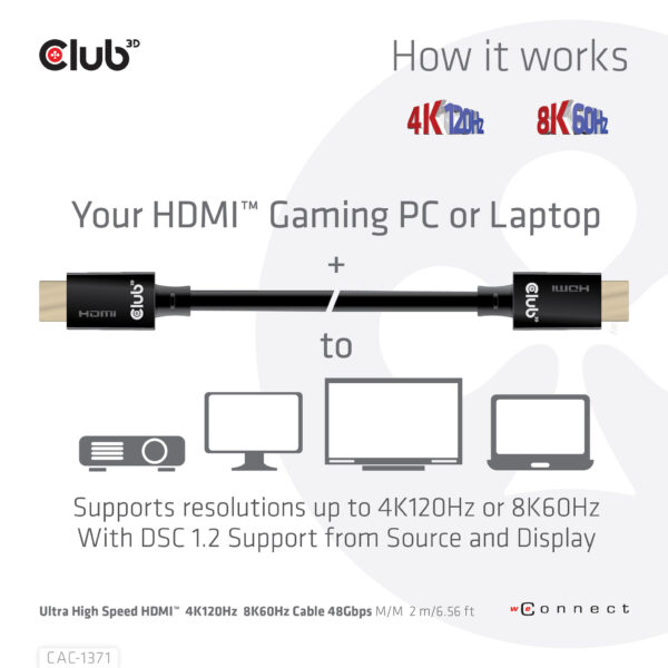 CLUB3D Ultra High Speed HDMI 4K120Hz, 144Hz Certified Cable 48Gbps M/M 1 m/3.28 ft 1Meter - Afbeelding 3