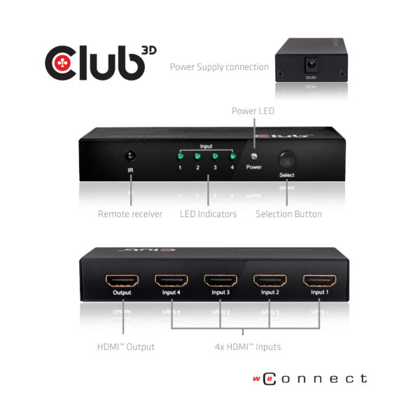 CLUB3D HDMI™ 2.0 UHD 4K60Hz SwitchBox 4 poorten en inbegrepen IR-afstandsbediening - Afbeelding 7