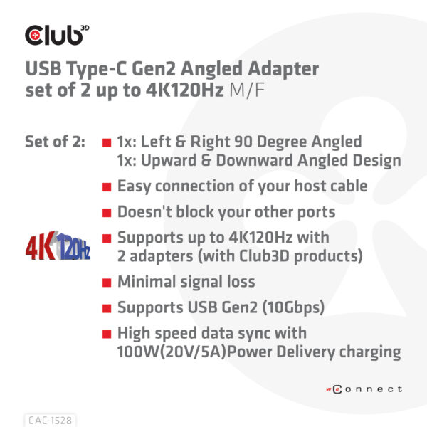 CLUB3D USB Type-C Gen2 Angled Adapter set van 2 - 4K120Hz M/V - Afbeelding 6