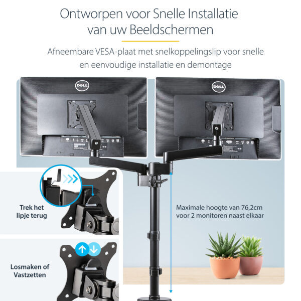 StarTech.com Dubbele Monitor Arm voor Bureaumontage, Full Motion Monitorbeugel voor 2x VESA-displays tot 32" (8kg), Verticale St - Afbeelding 17