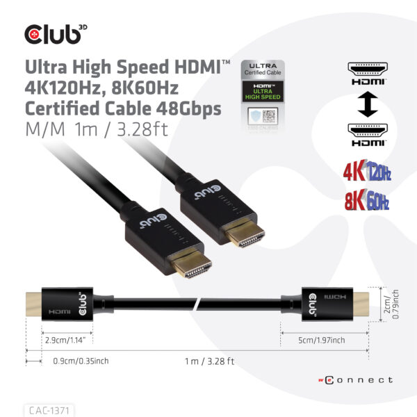 CLUB3D Ultra High Speed HDMI 4K120Hz, 144Hz Certified Cable 48Gbps M/M 1 m/3.28 ft 1Meter - Afbeelding 4