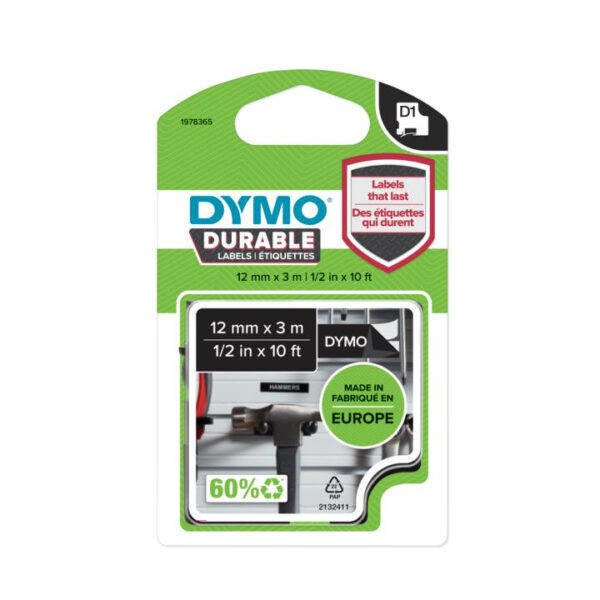 DYMO D1 -Durable Labels - White on Black - 12mm x 3m - Afbeelding 2
