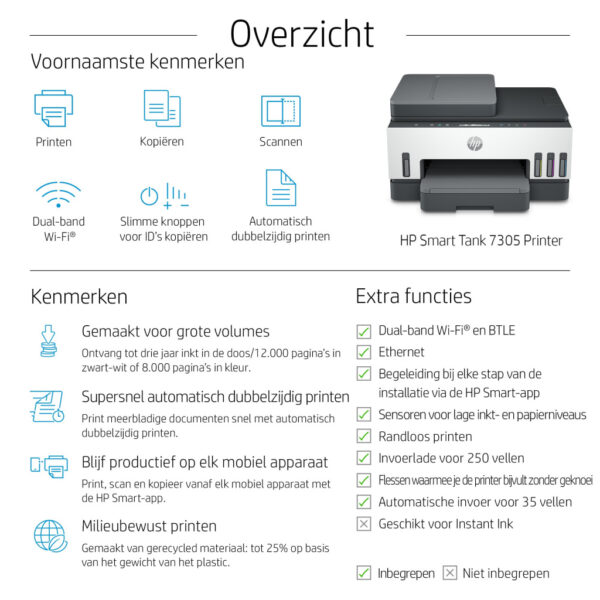 HP Smart Tank 7305 Draadloos All-in-One Kleur Printer, Dubbelzijdig printen; Kopieerapparaat, Scanner - Afbeelding 3