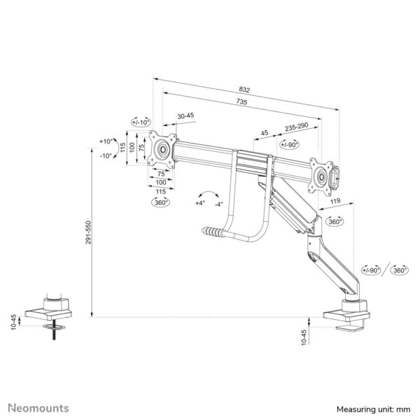 Neomounts DS75-450WH2 Monitorarm 17-32" - gasveer - Topfix - 180°-stop - Afbeelding 18
