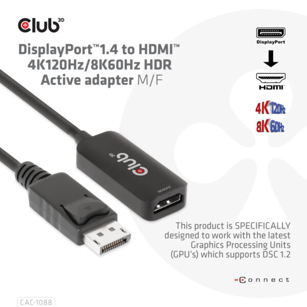 CLUB3D DisplayPort1.4 to HDMI 4K120Hz/8K60Hz HDR Active adapter M/F - Afbeelding 2