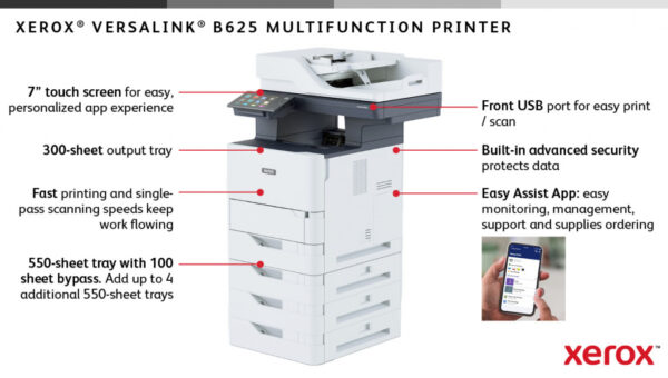 Xerox VersaLink B625 A4 61 ppm dubbelzijdig kopiëren en printen, scannen en faxen, geschikt voor PS3 PCL5e/6 2 laden voor max. 6 - Afbeelding 7