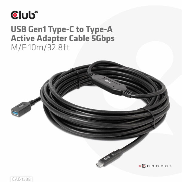 CLUB3D USB Gen1 Type-C to Type-A Active Adapter Cable 5Gbps M/F 10m/32.8ft - Afbeelding 7
