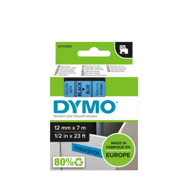 DYMO D1 -Standard Labels - Black on Blue - 12mm x 7m - Afbeelding 2