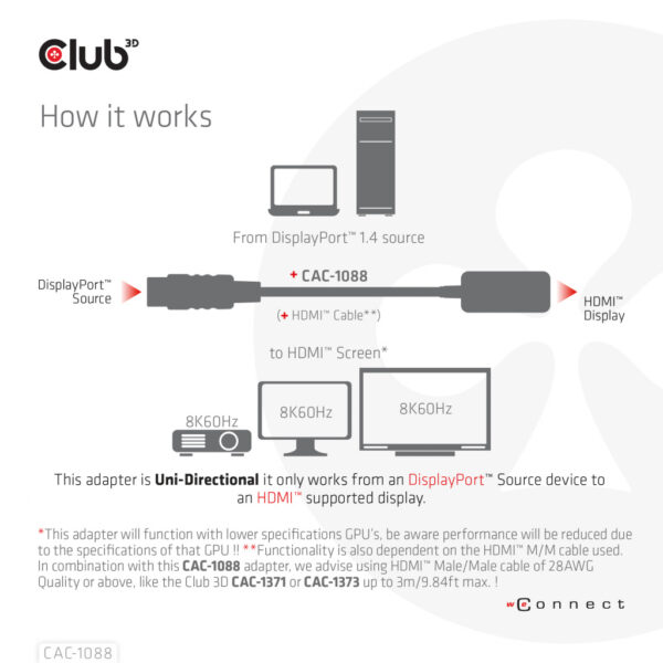 CLUB3D DisplayPort1.4 to HDMI 4K120Hz/8K60Hz HDR Active adapter M/F - Afbeelding 4