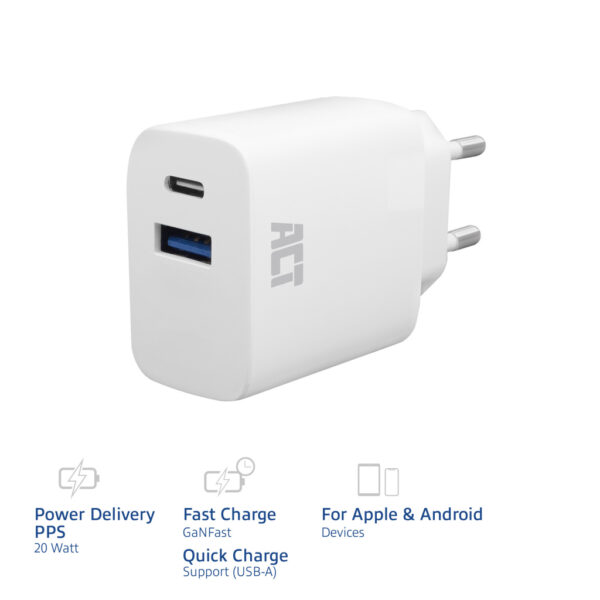 ACT USB-C & USB-A lader 20W met Power Delivery PPS, Quick Charge, GaNFast - Afbeelding 2