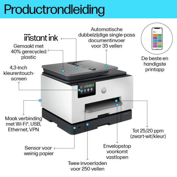 HP OfficeJet Pro 9132e Draadloos All-in-One Kleur Printer, Instant Ink; Dubbelzijdig printen - Afbeelding 5