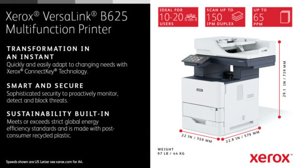 Xerox VersaLink B625 A4 61 ppm dubbelzijdig kopiëren en printen, scannen en faxen, geschikt voor PS3 PCL5e/6 2 laden voor max. 6 - Afbeelding 6