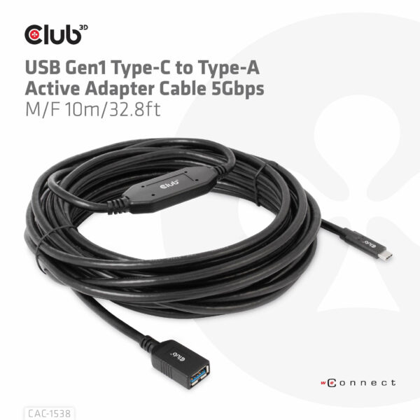 CLUB3D USB Gen1 Type-C to Type-A Active Adapter Cable 5Gbps M/F 10m/32.8ft - Afbeelding 6