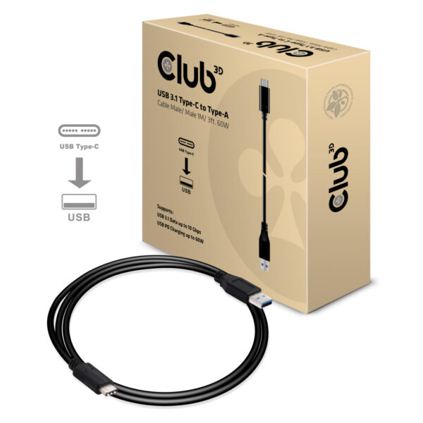 CLUB3D USB 3.1 Type-C naarType-A Cable 10Gbps PD 60W M/M 1m/3.28ft - Afbeelding 4