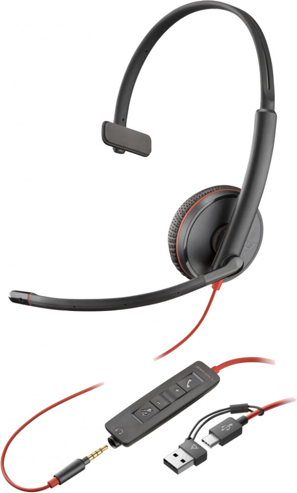POLY Blackwire 3215 mono USB-C-headset + 3,5 mm stekker + USB-C/A-adapter (bulk) - Afbeelding 2