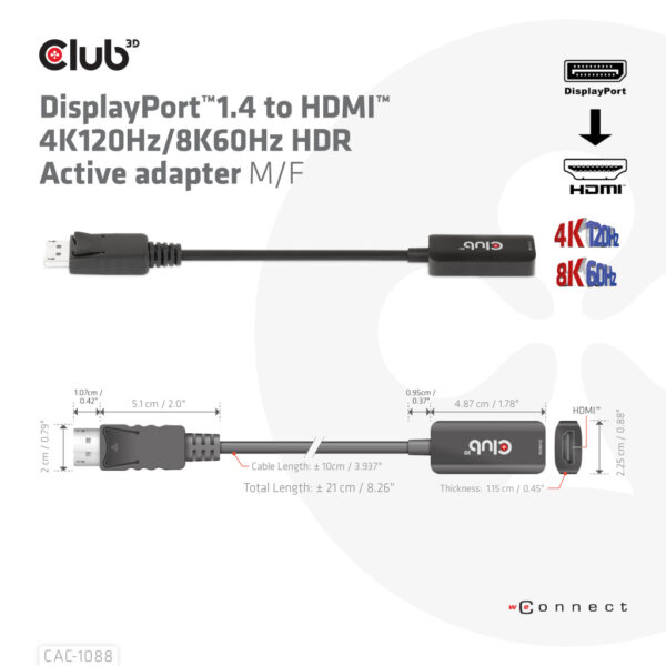 CLUB3D DisplayPort1.4 to HDMI 4K120Hz/8K60Hz HDR Active adapter M/F - Afbeelding 3